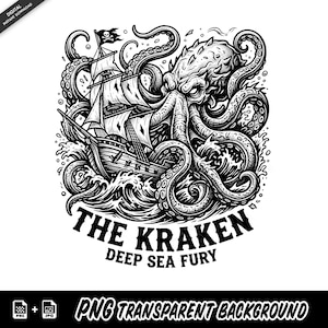 Giant kraken octopus attacking a pirate ship with Deep Sea Fury text, PNG for Sublimation Printing, T-shirt Design, DTG/DTF Printable.