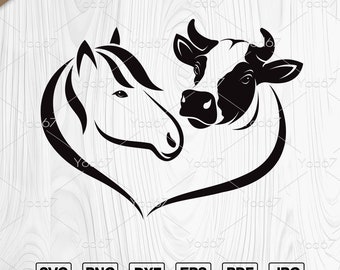 May include: Black and white silhouette of a horse and cow's heads facing each other, forming a heart shape.