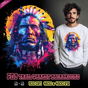 Clipart capo indiano nativo americano per stampa sublimatica, clipart design t-shirt uomo nativo americano, DTF, stampa DTG, stampe digitali