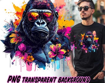 Gorilla wearing sunglasses PNG for Sublimation Printing, Colorful cool gorilla t-shirt design clipart, DTG/DTF Printable, Gorilla head Png.