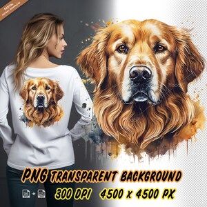 May include: A digital illustration of a golden retriever dog with watercolor-like effects. The dog's head and shoulders are shown, with a soft, blurred background.