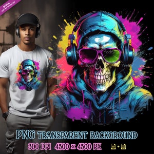 Schädel mit Kopfhörern und Brillen für den Sublimationsdruck, cooler Schädel-T-Shirt-Design Clipart, DTG-Druck, DTF Png, Sublimationsdesigns.