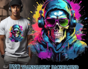 Skull Wearing Headphones And Glasses For Sublimation Printing, Cool skull T-shirt Design Clipart, DTG Printing, DTF Png, Sublimate Designs.