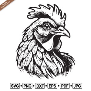 Diseño vectorial de cabeza de pollo SVG, Png EPS DXF Pdf, archivo Svg para Cricut, silueta de pollo, animales de granja, descarga digital, imágenes prediseñadas de pollo.