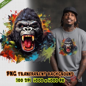 Gorila enojado PNG para impresión de sublimación, clip art de diseño de camiseta Gorilla Head, impresión Gorilla DTF / DTG, Gorilla Png, King Kong Clipart