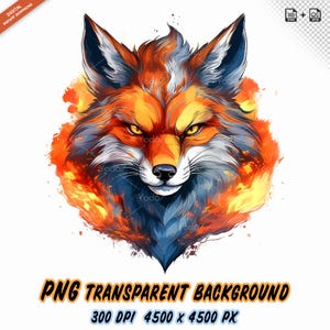 Testa di volpe con fiamme PNG per stampa a sublimazione, design per maglietta con volpe arrabbiata Clipart, DTG, trasferimento DTF, sublimazione, clipart di volpe di fuoco, animali