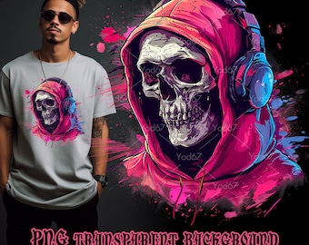 Schädel in Kapuzenpullover mit Kopfhörern PNG für den Sublimationsdruck, coole Schädel-T-Shirt Design Clipart, DTG, DTF, Sublimationsdesigns, Urbane Themen