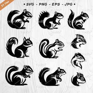 May include: A set of nine black and white silhouette illustrations of squirrels in various poses. The squirrels are facing different directions and have different tail positions. The illustrations are simple and elegant, and would be perfect for use in a variety of projects.