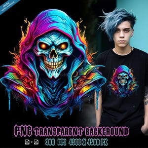 La faucheuse tête de mort avec capuche Clipart pour impression par sublimation, conception de T-shirt sur le thème d'Halloween, DTG, DTF, clipart crâne effrayant, impressions numériques.
