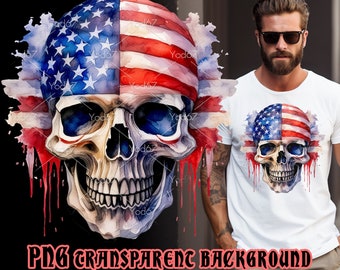 Patriotic American Flag Skull for Sublimation Printing, American Flag Skull T-shirt Design Clipart, DTG / DTF Png. Skull Clipart, USA Flag.