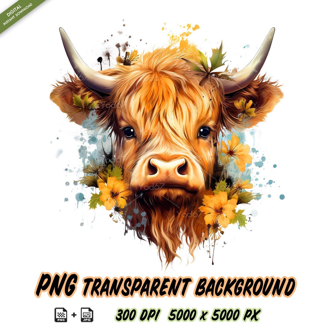 Highland Cow With Flowers PNG for Sublimation Printing, Cute Highland ...