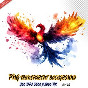 Phoenix Png voor sublimatiedruk, Firebird-clipart, Phoenix Flying T-shirt Design, kleurrijke Phoenix Bird-aquarel, DTG, DTF-overdracht.