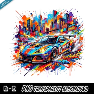 May include: A vibrant digital illustration of a racing car speeding through a stylised city skyline. The car features the text SPEED and 07, set against a dynamic background of colourful paint splatters, graffiti-style accents, and skyscrapers.