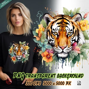 Tigre PNG. Cabeça de tigre e flores para impressão por sublimação. Clipart de design de camiseta tigre. Impressão DTF DTG. Pintura de tigre. Animais PNG.