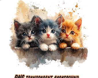 Three cute kittens for Sublimation Printing, Kitten T-shirt Design Clipart, DTG Printing, DTF Transfer, Transparent PNG, Pet Lover, Cute Cat