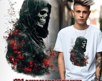 Grim Reaper Png do nadruku sublimacyjnego, projekt koszulki z ponurym żniwiarzem i kwiatem, eteryczny ponury żniwiarz, clipart czaszki, straszny ponury żniwiarz png.