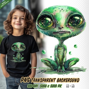 Cute Alien Png for Sublimation Printing, Cute green alien creature T-shirt Design Clipart, DTG Printing, DTF Transfer, Cartoon Alien Clipart