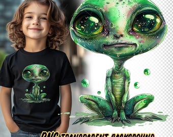 Cute Alien Png for Sublimation Printing, Cute green alien creature T-shirt Design Clipart, DTG Printing, DTF Transfer, Cartoon Alien Clipart