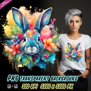 Bunte Kaninchen und Blumen für den Sublimationsdruck, Kaninchen-T-Shirt Design Clipart, DTF DTG-Druck, Kaninchen und Blumen PNG, Häschen Png.