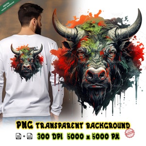Demon stier hoofd Png voor sublimatie afdrukken, Bull Head T-shirt Design illustraties, DTF DTG afdrukken, Devil bull hoofd PNG, Dierenkop schilderen