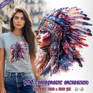 Native American Indian Woman-clipart voor sublimatieprinten, Native American Girl Head T-shirt Design, DTG, DTF-overdracht, transparante png.