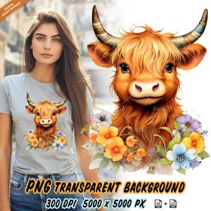 Mucca delle Highland con fiori PNG per stampa a sublimazione, design per maglietta con testa di mucca delle Highland carina, clipart, DTG, DTF, sublimazione, file PNG.