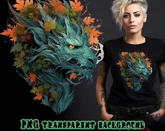 Dragon head and leaves for Sublimation Printing, Dragon T-shirt Design Clipart, DTG Printing, Dtf Png, Dragon Head PNG, Sublimation Design.