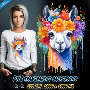 Alpacka med blommor för sublimeringstryck, alpacka T-shirt design Clipart, DTG-tryck, DTF-överföring, sublimeringsdesigner, alpacka Png.