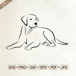 May include: Black and white line art illustration of a dog lying down. The dog is looking to the right.