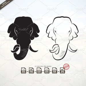 May include: A black and white line art illustration of an elephant's head. The elephant is facing forward with its trunk raised. The illustration is suitable for use in crafts, design projects, and digital downloads.