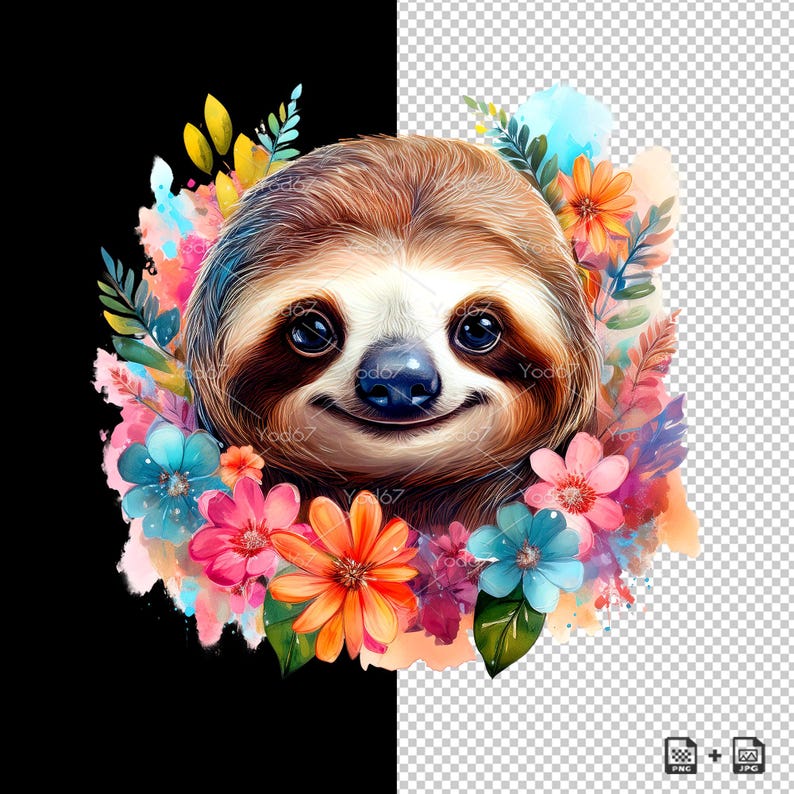 Sloth With Flowers Clipart for Sublimation Printing, Smiling Sloth Head ...