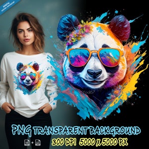 Panda usando óculos de sol para impressão por sublimação, clipart de design de camisetas de panda colorido, impressão DTG, transferência DTF, designs de sublimação.
