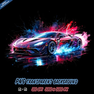 May include: Digital art of a red and blue sports car with neon accents, streaks of blue and red light, and a black background. The image includes the text "PNG TRANSPARENT BACKGROUND" and "300 DPI 5000 x 5000 PX".