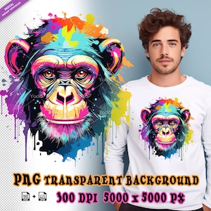 Chimpanzee Head Png for Sublimation Printing, Chimpanzee T-shirt Design Clipart, DTF DTG Printing, Monkey head PNG, Animal Head Painting Png