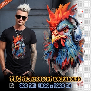 Hahn mit Kopfhörern Clipart für T-Shirt, Hahn Kopf T-shirt Design Clip Art, DTF DTG Druck, Hahn PNG. Hahn Musik hören