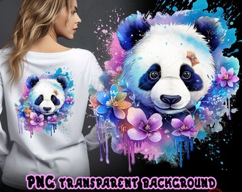 Cute panda with flowers for Sublimation Printing. Baby Panda Head T-shirt Design clip art. DTF DTG Printing. Panda Shirt. Animals Head PNG.