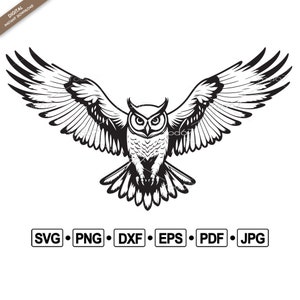 Gufo vettoriale clipart Design SVG PNG EPS Dxf Pdf Jpg, gufo allarga le ali Clipart, uccello in formato SVG, download digitale, gufo volante in formato svg, caccia in formato svg.