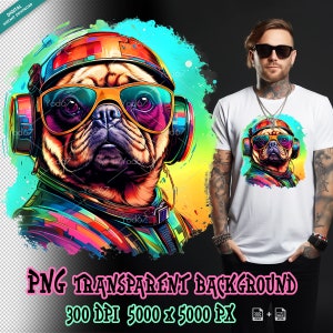 Pug dog wear glasses Png, Pug dog for Sublimation Printing, Pug Dog Head T-shirt Design Clipart, DTF DTG Printing, Cool Dog head Png. Pet.