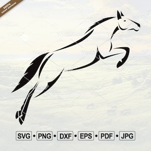 Op de afbeelding: Een zwart silhouet van een paard dat over een hindernis springt. Het paard is in de lucht met gestrekte benen. De afbeelding is een eenvoudige lijntekening zonder achtergrond.