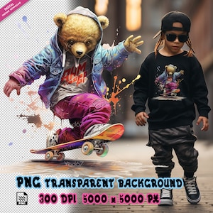Teddy bear toy playing skateboard PNG, Teddy Bear for T-shirt Design clip art, DTF / DTG Printing, T-shirt Sublimation Digital File Download