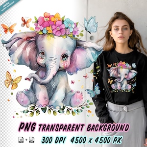 Simpatico elefante png per stampa a sublimazione, clipart con disegno di t-shirt con elefante, stampa DTG, trasferimento DTF, sublimazione. Simpatici animali.