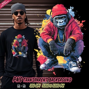 Gorilla with hoodie and headphones, Cool Gorilla Png, Sublimation Design Printing, Animated urban gorilla with hoodie, DTG, DTF Transfer.