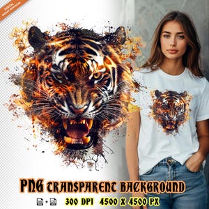 Tête de tigre enflammée Png, visage de tigre en colère contre les flammes clipart pour impression par sublimation, conception de t-shirt tigre et feu, Dtf Png, impression DTG,