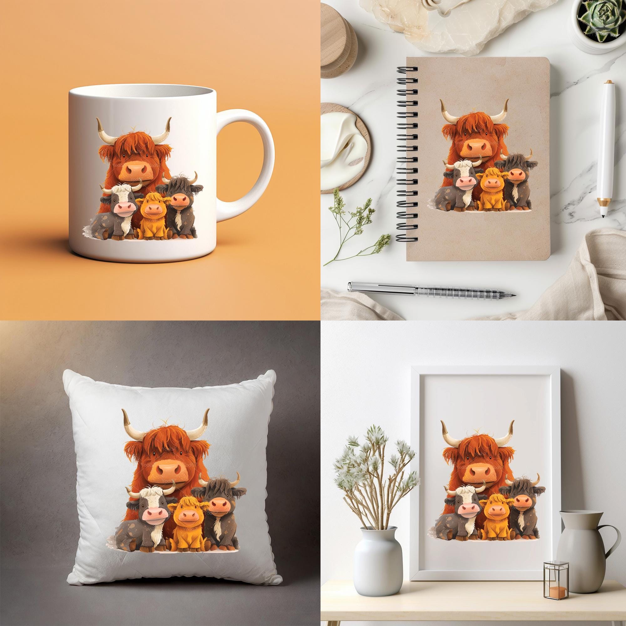 Highland Cow Family Clipart PNG for Sublimation Printing, Cute Highland ...