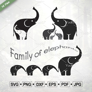 May include: A black and white silhouette image of a family of elephants. The image includes a large elephant with its trunk raised, a smaller elephant with its trunk raised, and two smaller elephants with their trunks down. The text "family of elephants" is written below the elephants.