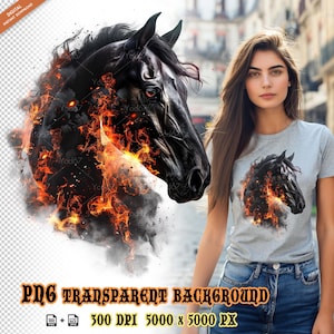 Clipart cheval noir avec des flammes pour impression par sublimation, cheval et feu, clipart de conception de T-shirt, DTG, transfert DTF, motifs par sublimation.