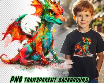 Lindo dragón Png para impresión por sublimación, Dragon Painting T-shirt Design Clipart, Impresión DTG, Lindo Dragón de Fantasía, Diseños de sublimación.