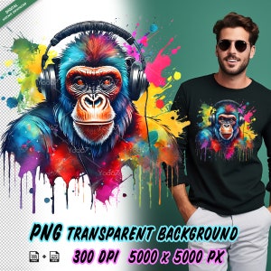 Gorilla Wearing Headphones Png for Sublimation Printing, Colorful Gorilla T-shirt Design Clipart, DTF DTG Printing, Gorilla PNG, Ape Clipart
