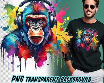 Gorilla Wearing Headphones Png for Sublimation Printing, Colorful Gorilla T-shirt Design Clipart, DTF DTG Printing, Gorilla PNG, Ape Clipart