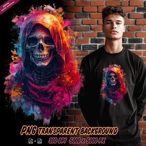 Skull wear hooded, Skeleton Painting, Sublimation Printing, Cool Skull Head T-shirt Design Clipart, DTG, DTF Transfer, Halloween skeleton.